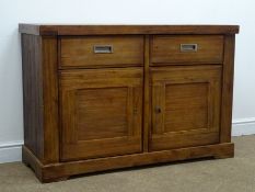 Stained pine finish sideboard, two drawers above two cupboard doors, shaped plinth base, W121cm,