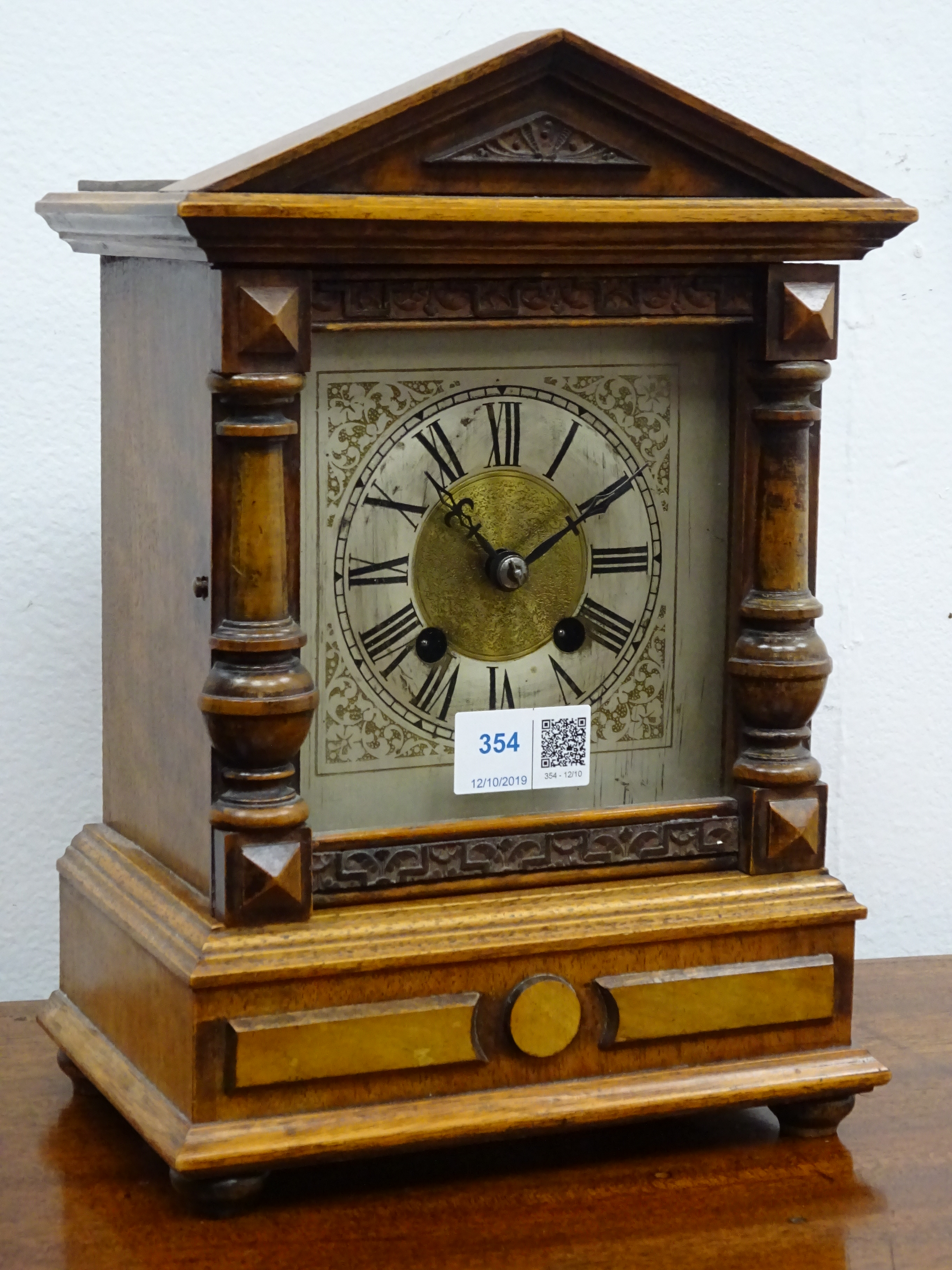 HAC architectural cased mantel clock with silvered Roman dial,
