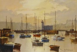 Fishing Boats in Scarborough Harbour at Dusk,