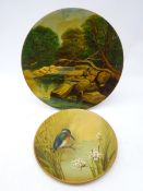 Victorian Watcombe Torquay earthenware plate hand painted with a Kingfisher perched on a branch,