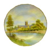 20th century Royal Worcester shaped plate, hand painted with Worcester Cathedral, signed Roberts