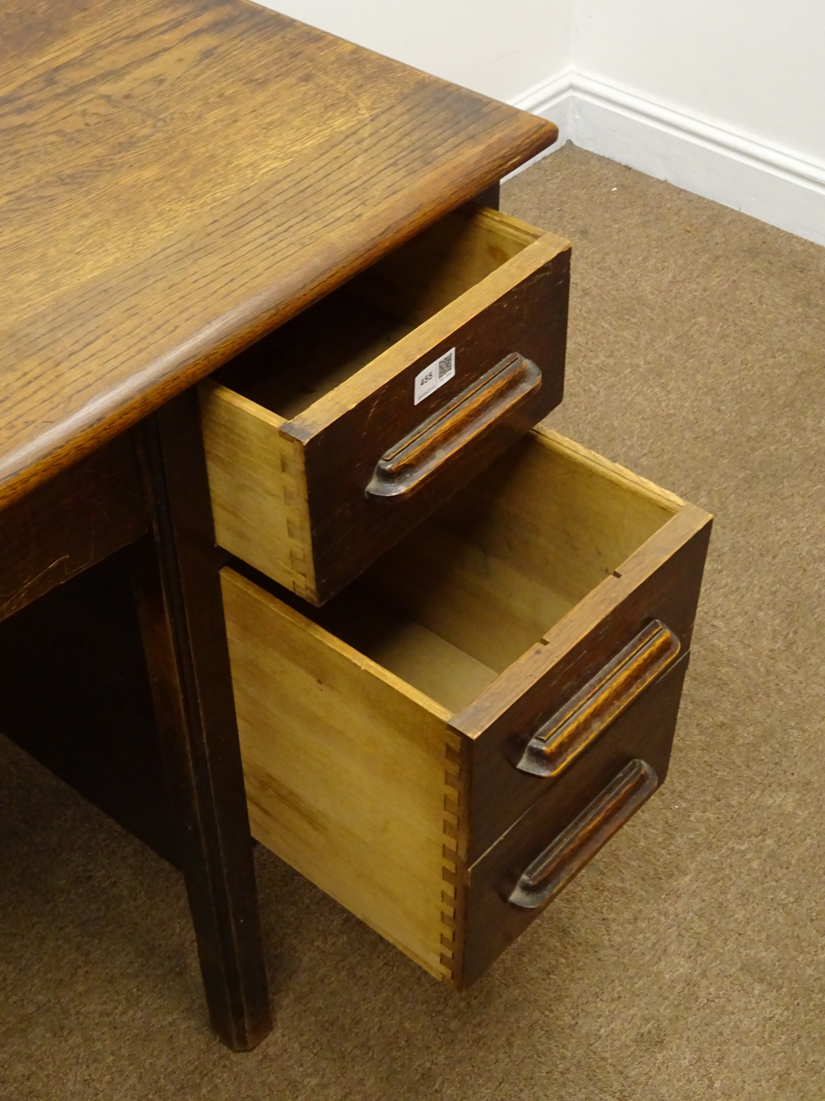1930's oak twin pedestal desk, single central frieze drawer flanked by six graduating drawers, - Image 3 of 3