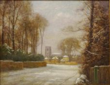 Winter Village Scene, 20th century oil on canvas indistinctly signed F Bowman?,