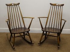 Pair Ercol medium elm stick back rocking chairs,