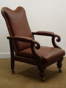 Victorian mahogany reclining armchair, shaped cresting rail, upholstered in a brown material,