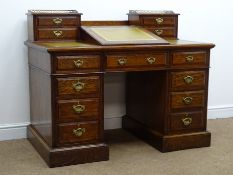 Edwardian oak twin pedestal Dickens style desk, brass gallery,