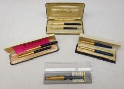 Parker "51" fountain and propelling pencil cased set, two Parker 61 rolled gold fountain pens,