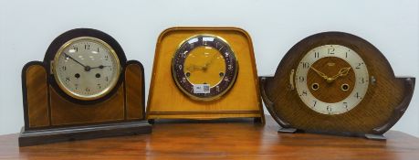 Mid-century Smiths walnut and maple mantel clock,