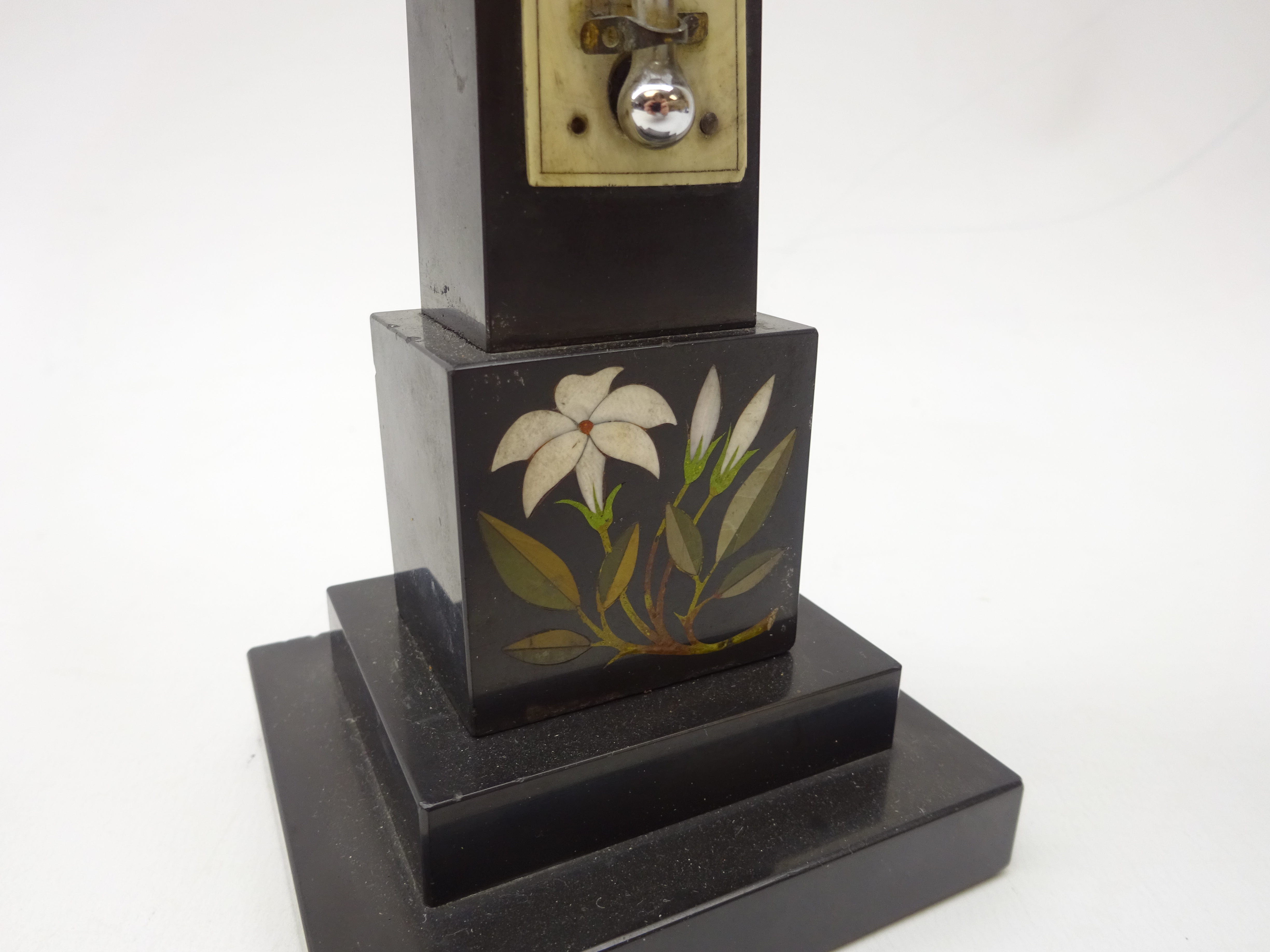 Victorian Ashford type Pietra dura black marble obelisk thermometer inlaid with flowers with ivory - Image 2 of 4