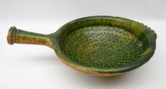 18th/ 19th century French glazed earthenware colander with tapered handle L38cm