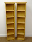 Pair solid oak open bookcases, five shelves, W33cm, H137cm,