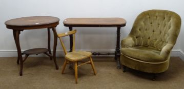 Victorian oak stretcher table, moulded top, turned supports joined by single stretcher,