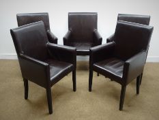 Set five dining chairs, upholstered in a chocolate leatherette material, square tapering supports,
