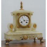 Victorian gilt metal mounted alabaster mantel clock with white Roman dial,