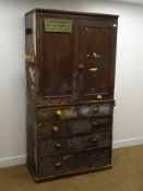 19th century pine cupboard on chest, two cupboard doors above two short and three long drawers,