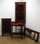 Edwardian mahogany corner display cabinet, dentil frieze, single door enclosing shaped shelves,