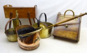 Victorian stained pine coal compendium, two graduated brass preserve pans, trench art shell case,