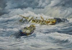 Lifeboat on a Rescue in Stormy Seas, 20th century oil on board signed by K.