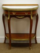 French style inlaid mahogany and oak marble top demi lune side table, brass gallery, single drawer,