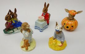 Five Royal Doulton Bunnykins figures - Birthday Bunny, Seaside Bunny, Sleighride,