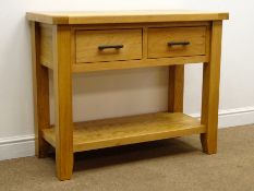 Solid light oak side table dresser, two drawers, square supports joined by solid undertier,