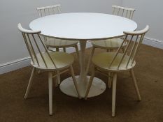 Arkana style circular table, tulip shaped base (D106cm, H71cm) and set of four stick back chairs,