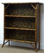 Oriental style bamboo open bookcase, three shelves, out splayed supports, W96cm, H111cm,