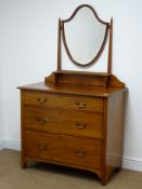 Edwardian inlaid dressing chest, raised shield mirror back, three graduating drawers (W92cm, H150cm,