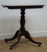 19th century mahogany occasional table, single column, four splayed reeded supports on castors,