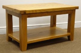 Solid light oak coffee table, square supports joined by solid undertier, W90cm, H50cm,