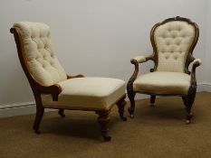 Victorian walnut framed spoon back armchair, carved cresting rail,