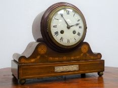 Edwardian inlaid mahogany mantel clock, drum head case with convex white Roman dial,