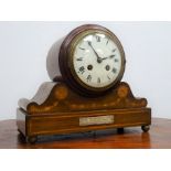 Edwardian inlaid mahogany mantel clock, drum head case with convex white Roman dial,