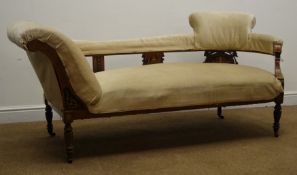 Edwardian inlaid seven piece salon suite comprising of mahogany framed double ended chaise lounge