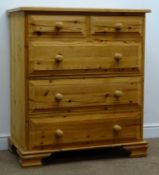 Solid pine chest, two short and three long drawers, shaped bracket supports, W92cm, H105cm,