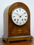 Edwardian inlaid mahogany arched top mantel clock with white Roman dial,