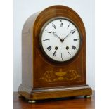 Edwardian inlaid mahogany arched top mantel clock with white Roman dial,