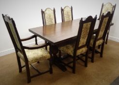 Jaycee oak refectory style extending dining table on carved supports (W275cm, H77cm,