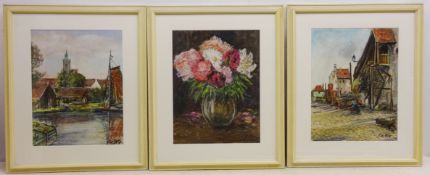 Still Life of Flowers, pastel signed by Carl Otto Fey (German 1894-1971) and Village Scenes,