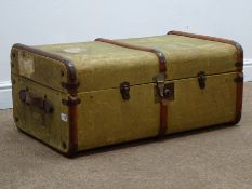 Vintage travelling trunk, hinged lid two leather handles, W78cm, H34cm,