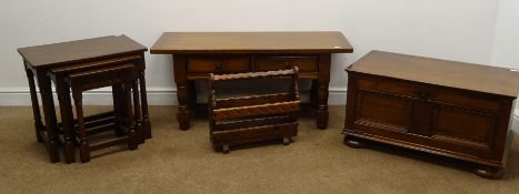 Medium oak coffee table, two drawers turned supports joined by floor stretcher (W114cm, H51cm,