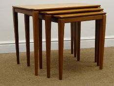 Retro teak nest of three tables, square tapering supports, W66cm, H50cm,
