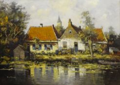 Dutch Houses Along a River Landscape, 20th century oil on canvas signed by P. J.