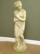 Composite garden statue of the bathe surprised female on circular base,