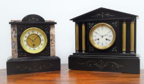 Victorian polished black slate and marble mantel timepiece, white Roman dial signed Clarke & Sons.