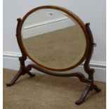 George III style inlaid mahogany oval swing table bevel edge mirror, W52cm,