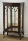 20th century mahogany bow front display cabinet, two glazed shelves, cabriole feet, W62cm, H113cm,