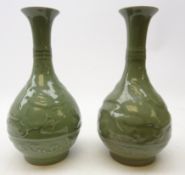 Pair late 19th/ early 20th century Chinese Celadon glaze bottle vases,