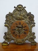 19th century German strut or bracket clock with alarm, Rococo embossed brass front,