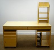 Light wood desk, two movable pedestals, and a shelving unit, W160cm, H79cm,